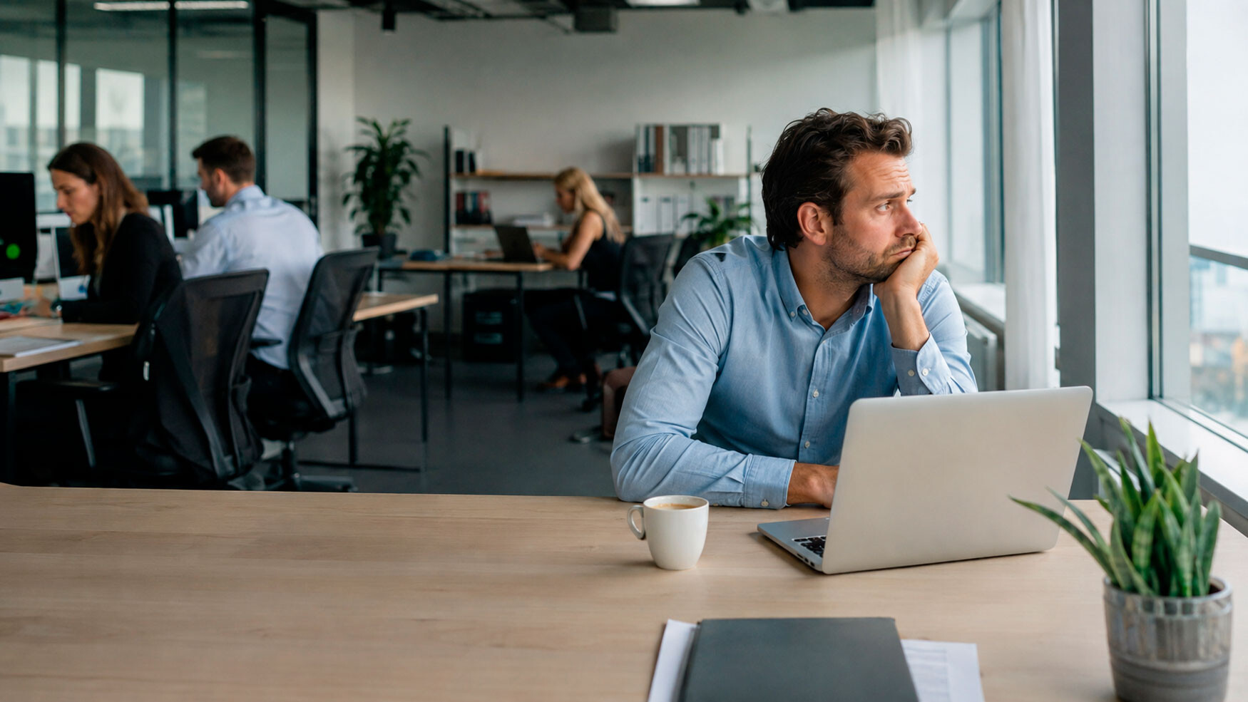 Man op kantoor voelt zich vermoeid en verveeld door te weinig uitdaging en onderbelasting op het werk.
