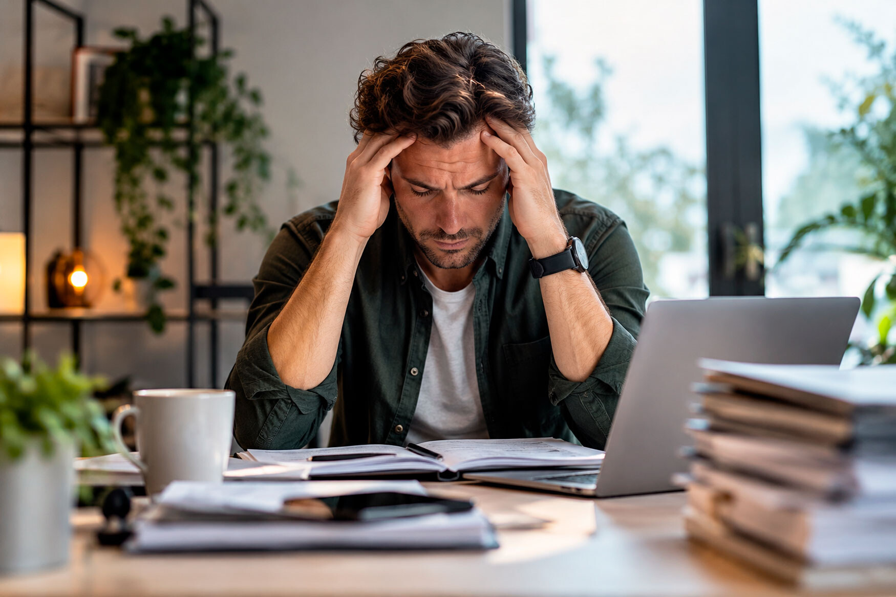 ermoeide man blijft achter zijn bureau doorwerken terwijl hij spanning en mentale uitputting ervaart.