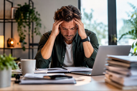 ermoeide man blijft achter zijn bureau doorwerken terwijl hij spanning en mentale uitputting ervaart.
