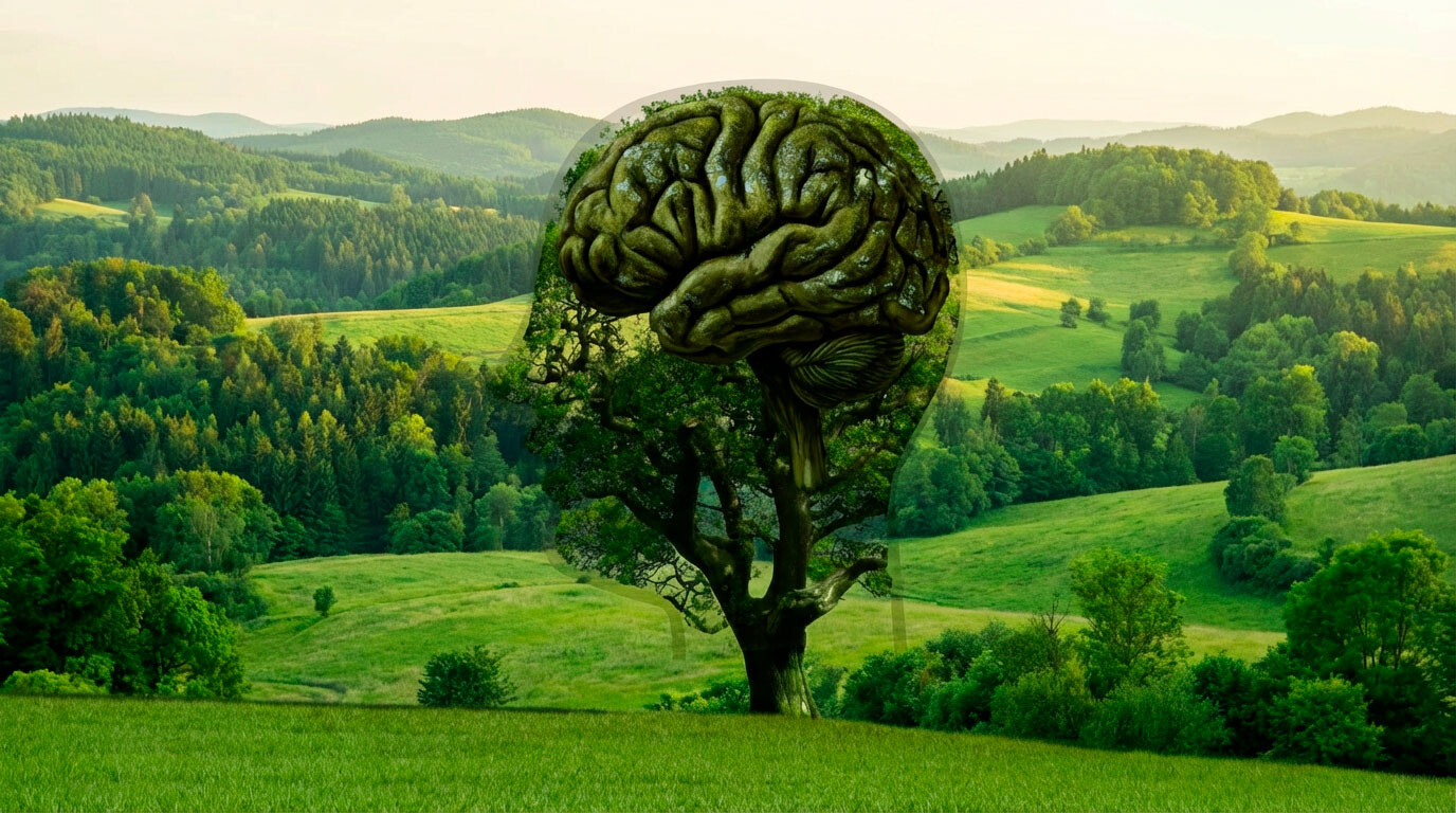 Landschap met een boom die de vorm van hersenen heeft als symbool voor de Green Mind Theory en de invloed van natuur op mentale rust.