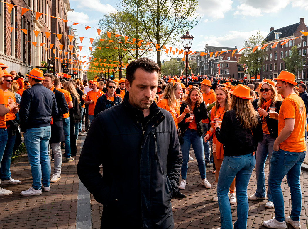 Man voelt zich overweldigd tijdens drukke Koningsdagviering terwijl anderen feest vieren in de stad.