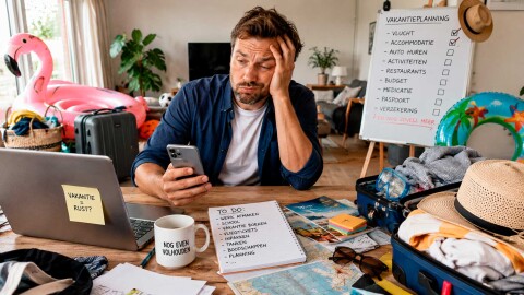 Vermoeide man ervaart stress tijdens de voorbereiding op de zomervakantie tussen werk, planning en gezinsdruk.