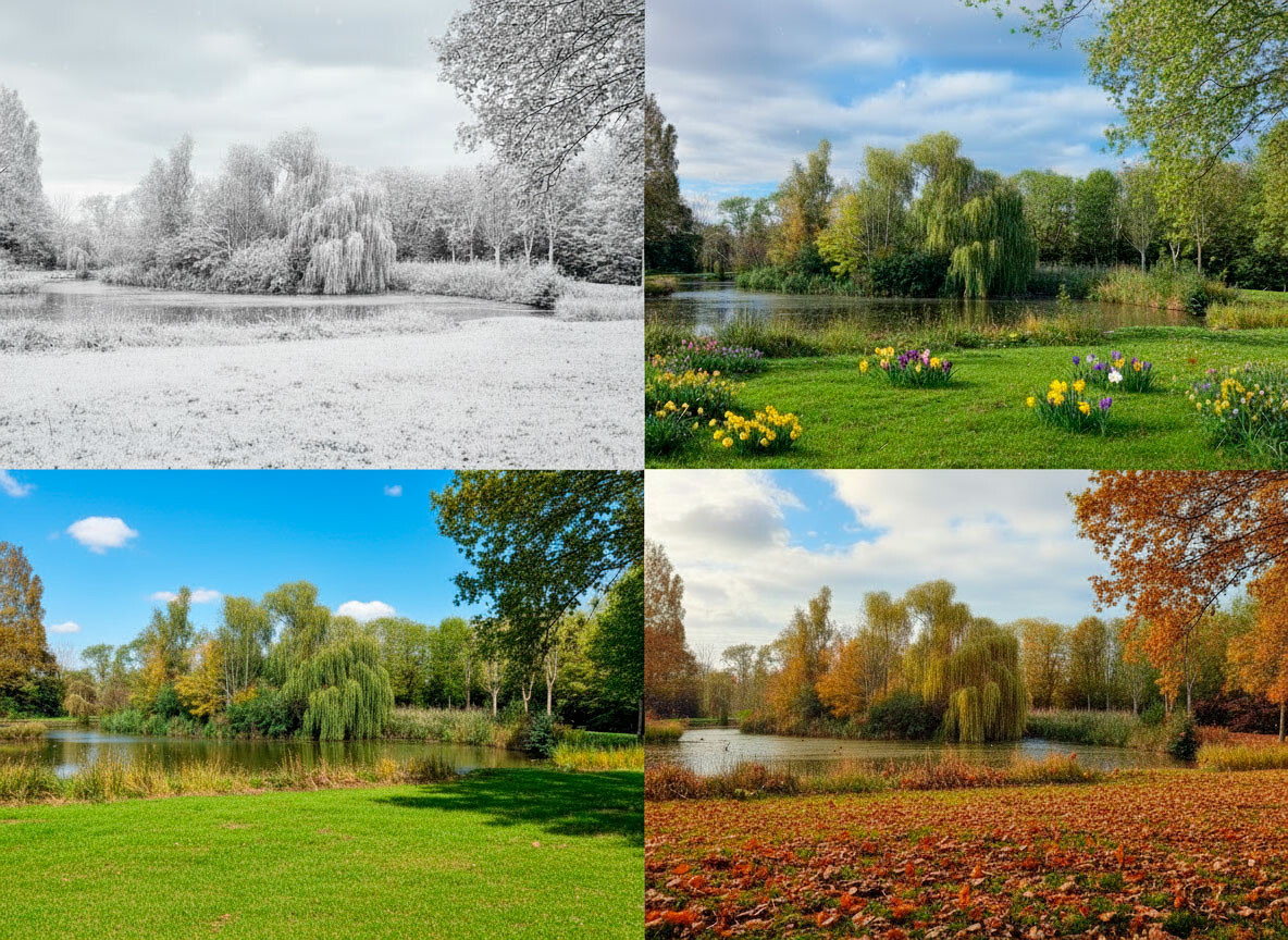 Vierluik van hetzelfde bos in lente, zomer, herfst en winter tijdens een wandeling in de natuur.
